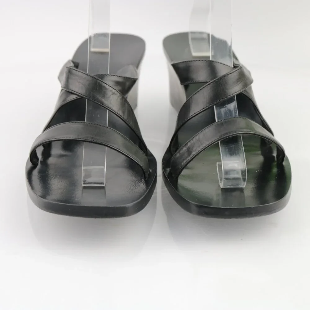 Ann Taylor Womens Sandals Size 10.5 Black Leather Strappy Slide Mule Wedge Heels